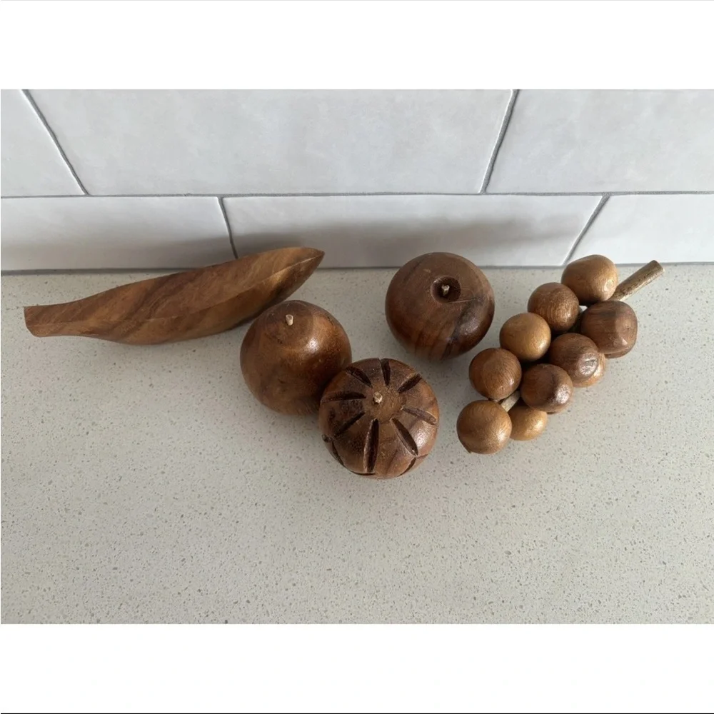 Vintage Hand Carved Wooden Fruit- 5 PIECE SET - Great Display Mid Century Modern